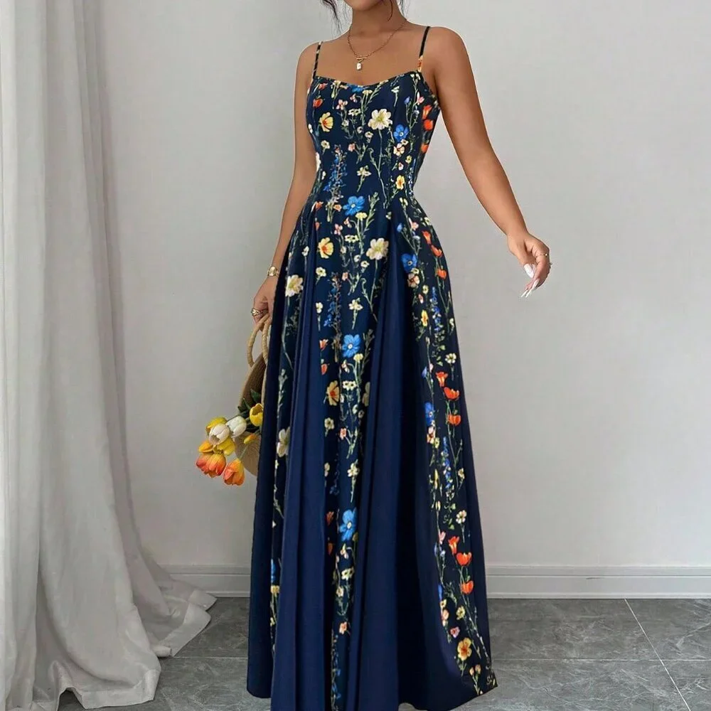 Navy Blue Boho Women's Elegant Sleeveless Long Floral Maxi Dress - Picture 5 of 5